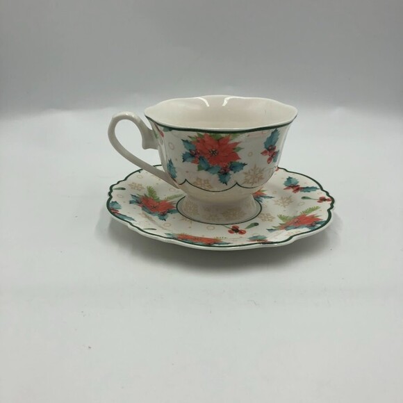 Eileen's Reserve New Anchor Inc Tea Cup and Saucer Set Poinsettia Floral Design - Picture 4 of 14